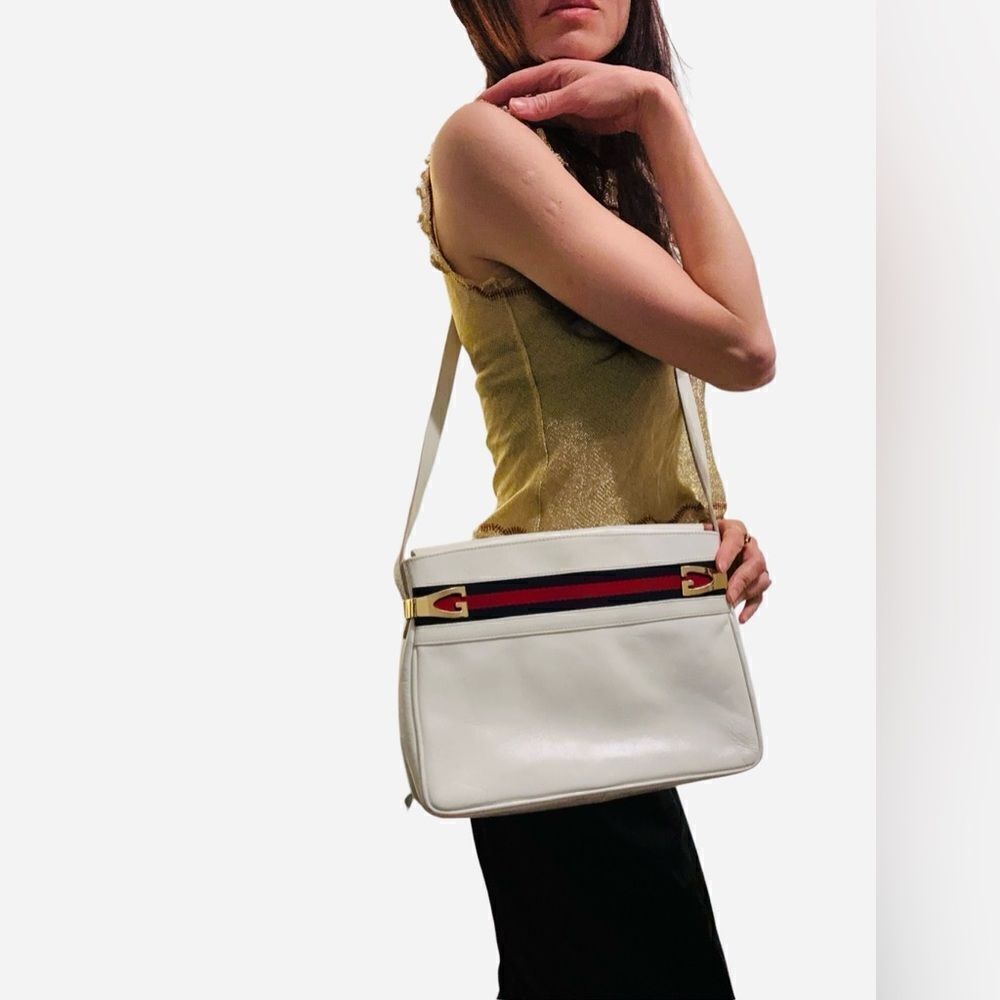 Gucci white leather with red green web and gold tone shoulder bag